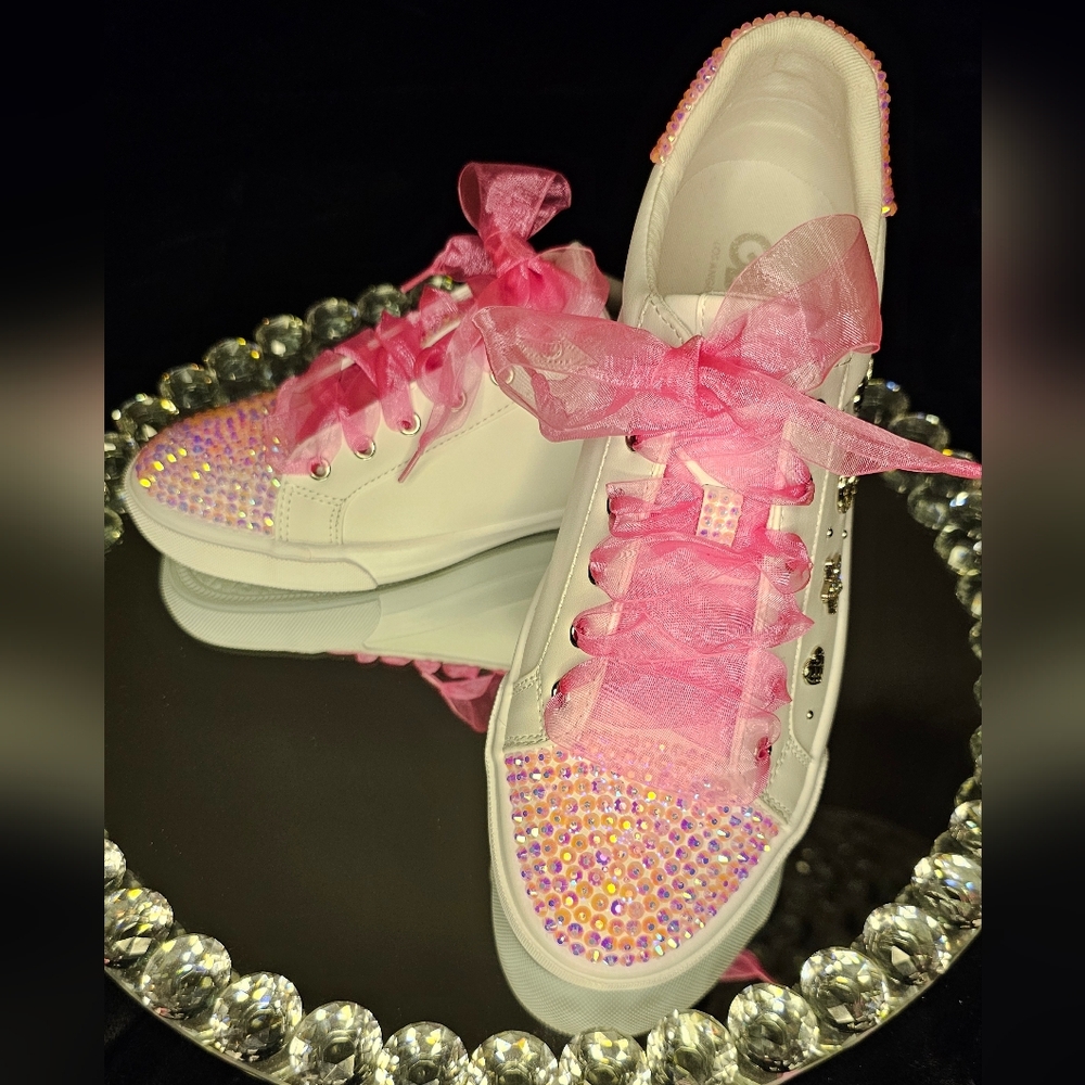 White Sneakers with Pink Rhinestones and Ribbon